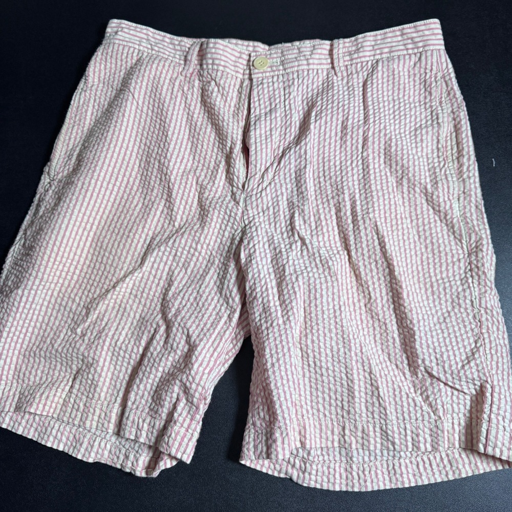 Vineyard Vines Club Shorts Mens 33 Pink White Striped Seersucker Cotton Preppy
